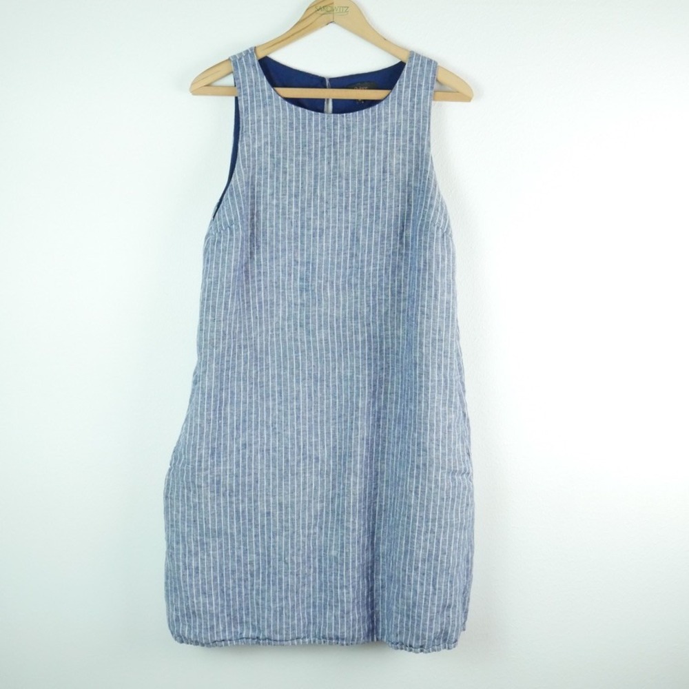 Quince Blue White Striped Linen Shift Dress Sleeveless Pockets M A Line Minimal